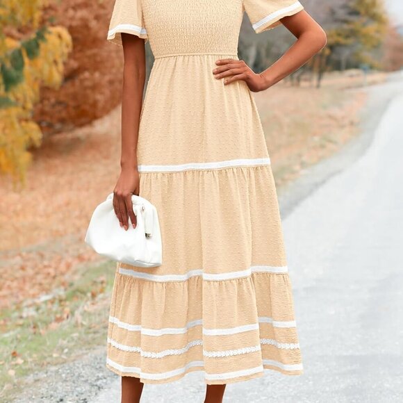 Women's Casual Summer Maxi Dress Short Sleeve Swiss Dot V Neck Smocked Long Flow - Picture 4 of 8